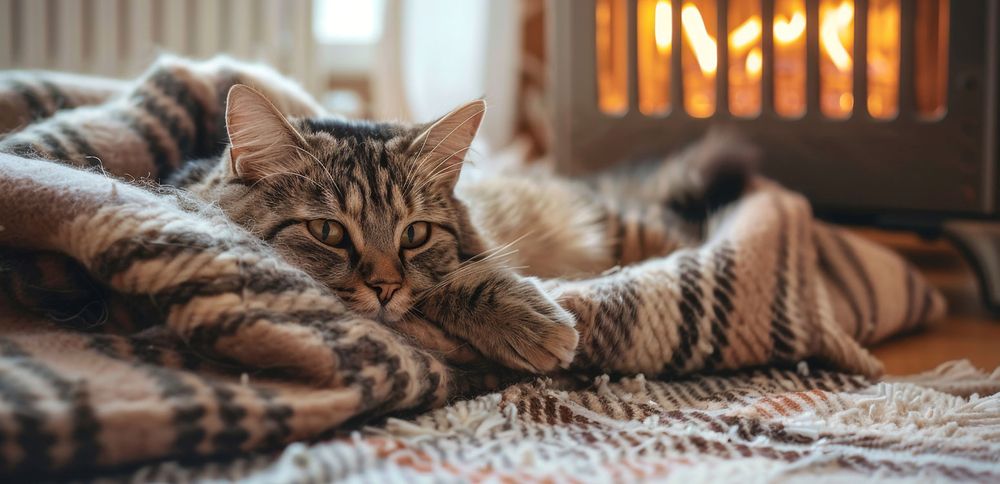 Katze liegt in einer Decke eingewickelt vor einem Kamin